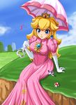 1girl blonde_hair blue_eyes breasts company_connection crossover dress earrings eighth_note giantess gloves highres james_and_the_giant_peach jewelry kojirou_(pokemon) long_hair mario_(series) medium_breasts mushroom musical_note outdoors pink_dress pokemon pokemon_(anime) princess_peach pun ring sigurd_hosenfeld sitting super_mario_bros. super_mushroom team_rocket too_literal umbrella when_you_see_it 