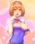  alice_margatroid blonde_hair blue_dress breasts capelet dress dress_pull hairband heart heart-shaped_pupils highres medium_breasts nipples no_bra one_breast_out saliva solo symbol-shaped_pupils tarmo touhou 