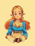  black_gloves blue_eyes blue_shirt blush braid breasts closed_mouth crop_top fingerless_gloves fingernails forehead french_braid gloves hair_ornament hairclip hands_together highres ignacio_penailillo long_hair long_sleeves looking_at_viewer orange_hair pointy_ears princess princess_zelda shirt simple_background sketch small_breasts smile solo tareme the_legend_of_zelda the_legend_of_zelda:_breath_of_the_wild thick_eyebrows triforce turtleneck undershirt upper_body white_shirt yellow_background 