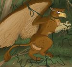  angry avian beak birdlock claws entangled feathers feral forest frown fur gryphon lennard looking_at_viewer paws rope stuck trap_(disambiguation) trapped tree vines wings 