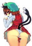  animal_ears ass between_thighs brown_hair cat_ears chen cowboy_shot from_behind hat heart highres jewelry juliet_sleeves long_sleeves looking_at_viewer looking_back microskirt mob_cap multiple_tails osaname_riku panties pleated_skirt puffy_sleeves red_eyes red_vest shirt simple_background single_earring skirt skirt_set solo tail touhou two_tails underwear vest white_background white_panties white_shirt 