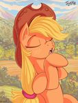  2017 applejack_(mlp) blonde_hair cloud cowboy_hat earth_pony equine eyes_closed female feral freckles friendship_is_magic hair hat horse jowybean landscape mammal my_little_pony nature outside pony sky solo tree 