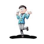  :3 alpha_transparency bangs black_eyes black_hair black_neckwear blue_suit blunt_bangs divine_gate formal full_body looking_at_viewer male_focus matsuno_todomatsu necktie official_art osomatsu-kun osomatsu-san shadow smile solo standing standing_on_one_leg suit transparent_background ucmm waving 