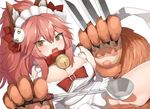  animal_ears apron bell bell_collar blush breasts cleavage collar fangs fate/grand_order fate_(series) fox_ears fox_tail groin hair_ribbon k_jin knife large_breasts long_hair looking_at_viewer maid_headdress naked_apron no_panties open_mouth paws pink_hair ribbon solo tail tamamo_(fate)_(all) tamamo_cat_(fate) tamamo_no_mae_(fate) yellow_eyes 