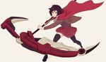  cape crescent_rose hayami_ritsu looking_at_viewer red_cape red_hair ruby_rose rwby school_uniform scythe silver_eyes skirt solo thighhighs 