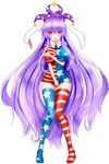 absurdly_long_hair absurdres alternate_legwear american_flag_dress american_flag_legwear american_flag_panties animal_ears blush breast_suppress breasts bunny_ears clownpiece clownpiece_(cosplay) commentary_request cosplay covering covering_breasts covering_crotch dress dress_tug embarrassed hat highres jester_cap kou_(inaba) large_breasts lavender_hair long_hair microdress neck_ruff polka_dot red_eyes reisen_udongein_inaba sidelocks solo tears thighhighs touhou very_long_hair 