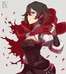  alternate_costume cape gradient_hair hayami_ritsu looking_up multicolored_hair petals red_hair ruby_rose rwby silver_eyes solo torn_cape 