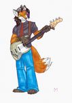  black_hair canine diaminerre electoguitar eyewear fox fur glasses green_eyes guitar hair mammal markers music musical_instrument orange_fur piercing purple_hair seven_faux simple_background traditional_media_(artwork) 