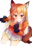  animal_ears black_gloves blonde_hair blush bow bowtie commentary_request dot_nose ezo_red_fox_(kemono_friends) fox_ears fox_tail from_above fur_trim gloves hair_between_eyes highres jacket kemono_friends long_hair long_sleeves looking_at_viewer looking_up multicolored_hair open_mouth pleated_skirt rouka_(akatyann) simple_background sitting skirt solo tail tsurime yellow_eyes yokozuwari 