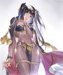  arm_at_side bangs between_breasts between_legs black_eyes black_hair black_nails blunt_bangs bodysuit bracelet breasts bridal_gauntlets cape covered_navel cowboy_shot crop_top dated eyebrows_visible_through_hair eyelashes finger_to_mouth fire_emblem fire_emblem:_kakusei from_below gradient gradient_background hand_between_breasts headdress holy_pumpkin jewelry light_particles long_hair looking_at_viewer looking_down nail_polish parted_lips pelvic_curtain ring see-through solo tassel teeth tharja thigh_strap thighlet twitter_username two_side_up very_long_hair 