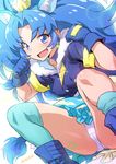  :d animal_ears ass blue blue_choker blue_eyes blue_gloves blue_hair blue_legwear blush boots breasts cameltoe choker clenched_hands covered_nipples crown cure_gelato earrings extra_ears fang gloves jewelry joy_ride kirakira_precure_a_la_mode long_hair looking_at_viewer open_mouth panties pantyshot pantyshot_(squatting) precure simple_background small_breasts smile solo squatting star tail tategami_aoi thighhighs underwear white_background white_panties 
