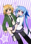  1boy 1girl ahoge black_pants blonde_hair blue_hair flush green_coat green_eyes jiang-ge lyrical_nanoha mahou_shoujo_lyrical_nanoha mahou_shoujo_lyrical_nanoha_a&#039;s mahou_shoujo_lyrical_nanoha_a&#039;s_portable:_the_gears_of_destiny material-l miniskirt mount necktie pants purple_eyes shirt skirt yuuno_scrya 