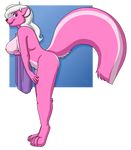  2017 abstract_background anthro bent_over blonde_hair blue_eyes breasts butt female fur hair hindpaw looking_at_viewer mammal nipples nude os paws pink_fur platinum_blonde raised_tail red_nose side_boob skunk smile solo standing stripe towel 