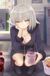  :t ahoge bad_anatomy bag black_legwear blush boots bottle bra brand_name_imitation breasts chin_rest cleavage coca-cola collarbone commentary_request cup_ramen fate_(series) fork frown grey_hair highres holding holding_fork jeanne_d'arc_(alter)_(fate) jeanne_d'arc_(fate)_(all) jewelry looking_at_viewer mashu_003 necklace panties pantyshot plastic_bag short_hair silver_hair sitting solo underwear white_panties yellow_eyes 