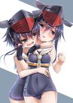  asymmetrical_hair black_hair black_swimsuit brown_eyes covered_navel framed_breasts gloves hair_between_eyes hat headphones highres hug hug_from_behind i-13_(kantai_collection) i-14_(kantai_collection) kantai_collection multiple_girls open_mouth partly_fingerless_gloves sailor_collar school_swimsuit short_hair single_glove swimsuit yashiro 