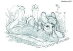  2017 anthro breasts digitigrade featureless_breasts female fur grass hair kashmere lagomorph looking_at_viewer lying mammal paws rabbit sketch smile solo whiskers 