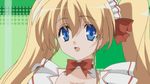  1girl animated animated_gif blinking blonde_hair blue_eyes bouncing_breasts bow breasts cleavage close-up eyes_closed hair_bow headdress large_breasts lizlett_l_chelsie long_hair maid maid_headdress multiple_views omamori_himari smile solo twintails waitress 