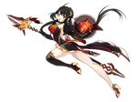  ahoge ara_han black_footwear black_gloves black_hair boots brown_eyes dress elsword full_body gloves holding holding_weapon leg_up long_hair looking_at_viewer magic official_art open_mouth polearm sando_(artist) solo thigh_boots thighhighs transparent_background weapon yama_raja_(elsword) 