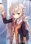  bangs blush book braid brooch brown_eyes buttons fate/grand_order fate_(series) holding_hands jewelry long_hair long_sleeves looking_at_viewer olga_marie_animusphere ouka_(ra-raradan) out_of_frame shirt silver_hair solo_focus white_shirt wing_collar younger 