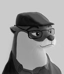  2017 anthro bluedouble bust_portrait clothed clothing eyewear glasses grey_background greyscale hat male mammal monochrome mustelid otter portrait simple_background smile solo whiskers 