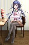  absurdres adagaki_aki black_legwear blue_eyes blue_hair blush commentary_request crossed_arms crossed_legs full_body hair_ribbon highres kaizu_ken'ichi long_hair looking_at_viewer low_twintails masamune-kun_no_revenge open_mouth pantyhose parfait plaid plaid_skirt ribbon school_uniform shoes sitting skirt solo twintails 