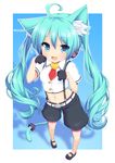  ahoge animal_ears aqua_eyes aqua_hair belt cat_ears cat_tail commentary_request fang fish full_body green_hair hatsune_miku headphones highres long_hair looking_at_viewer mary_janes midriff navel open_mouth paw_pose pigeon-toed shoes shorts solo suspenders tail very_long_hair vocaloid yuzuki_kei 