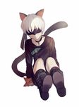  animal_ears blindfold boots cat_ears cat_tail choker highres looking_at_viewer male_focus nier_(series) nier_automata shii_(luochen_xi) simple_background tail white_hair yorha_no._9_type_s 
