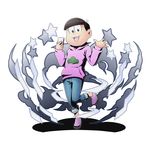  :3 alpha_transparency bangs black_eyes black_hair blunt_bangs divine_gate full_body hood hoodie looking_at_viewer male_focus matsuno_todomatsu necktie official_art osomatsu-kun osomatsu-san pink_shirt shadow shirt smile solo standing standing_on_one_leg star transparent_background ucmm waving 