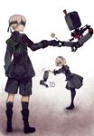  1girl absurdres black_dress blindfold boots commentary dress feather-trimmed_sleeves fist_bump headband highres nier_(series) nier_automata pod_(nier_automata) robot sanshouuo short_hair simple_background smile thighhighs white_hair yorha_no._2_type_b yorha_no._9_type_s 