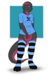  amphibian black_skin clothing covering covering_crotch digitigrade feet female green_eyes grin half_clothed invalid_tag kristina_isis legwear long_socks magenta_skin os salamander scalie shirt smile socks striped_legwear striped_socks stripes t-shirt teasing thick_thighs thigh_socks 