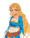  blonde_hair blue_eyes blue_shirt blush braid breasts closed_mouth crop_top earrings forehead french_braid hair_ornament hairclip highres jewelry long_hair long_sleeves looking_away looking_to_the_side pearl pearl_earrings pointy_ears princess princess_zelda ribitta shirt small_breasts smile solo the_legend_of_zelda the_legend_of_zelda:_breath_of_the_wild thick_eyebrows triforce tsurime turtleneck undershirt white_shirt 