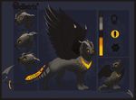  ambiguous_gender black_feathers black_nose claws feathered_wings feathers feral fur grey_fur hybrid kitchiki model_sheet paws sabertooth_(disambiguation) smile solo standing wings yellow_eyes 