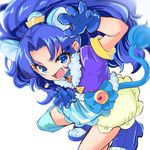  :d animal_ears bangs blue blue_choker blue_eyes blue_footwear blue_gloves blue_hair blue_legwear blue_shirt blue_skirt choker claw_pose cure_gelato extra_ears fang frilled_skirt frills gloves kirakira_precure_a_la_mode layered_skirt lion_ears lion_tail long_hair looking_at_viewer magical_girl open_mouth parted_bangs paw_pose precure shirt shoes single_thighhigh skirt smile solo squatting tail tategami_aoi thighhighs wagashi_(yokotejn) white_background white_skirt 
