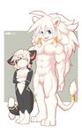  abs anger_vein annoyed cat crossed_arms duo featureless_crotch feline kay_(whiteleo) leo_(whiteleo) lion looking_at_viewer male male/male mammal mane multi_tail muscular nude one_eye_closed pecs petting size_difference smile tail_ring whiteleo 
