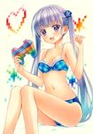  bikini blush breasts controller game_controller heart long_hair marker_(medium) navel new_game! open_mouth purple_eyes purple_hair small_breasts smile solo suzukaze_aoba swimsuit traditional_media twintails yuto_takumi 