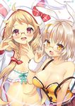  :3 adjusting_eyewear ahoge animal_hood bespectacled blonde_hair blush braid breasts bunny_hood cleavage crescent crescent_hair_ornament flower_knight_girl glasses hair_ornament hood kurot large_breasts long_hair multiple_girls open_mouth red_eyes susuki_(flower_knight_girl) twitter_username upper_body usagi_no_ou_(flower_knight_girl) white_background yellow_eyes 