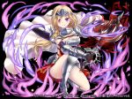  1girl armor black_gloves blonde_hair blush boots breasts cape capelet cleavage cloak closed_mouth collarbone company_name fantasy gloves hakuda_tofu headgear long_hair looking_at_viewer monster_master_x official_art purple_eyes solo sword thigh_boots thighhighs weapon white_cape 