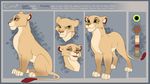  english_text feline female feral fur green_eyes kitchiki lion mammal model_sheet paws sitting smile solo standing tan_fur text 