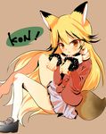  animal_ears aono_(aonoplus) bare_legs blonde_hair blush bow brown_background brown_eyes buttons colored_eyelashes commentary_request ezo_red_fox_(kemono_friends) fox_ears fox_girl fox_tail fur-trimmed_jacket fur_trim hands_up jacket kemono_friends long_hair looking_at_viewer miniskirt onomatopoeia open_mouth pantyhose paw_pose pleated_skirt shoes simple_background single_shoe skirt solo speech_bubble tail 