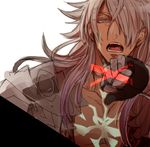  ag_ss41 armor dark_skin dark_skinned_male fate/apocrypha fate_(series) green_eyes long_hair looking_at_viewer male_focus open_mouth siegfried_(fate) simple_background solo 