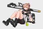  bandaid bandaid_on_knee bike_shorts breasts brown_eyes brown_hair cancell cleavage fingerless_gloves gloves hair_ornament hairclip looking_at_viewer medium_breasts original ponytail railgun short_hair simple_background solo 