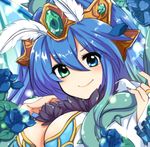  blue_eyes blue_hair blush breasts character_request cleavage eyebrows_visible_through_hair feathers flower gem green_eyes heterochromia large_breasts long_hair monster_strike negiko solo 