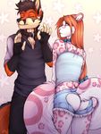  2017 accelo accelo_(character) anthro black_hair butt canine clothed clothing collar cressfox crossdressing eyewear feline fox glasses hair just_right leopard male mammal meme ok_sign orange_hair shorts snow_leopard 