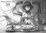  &gt;_&lt; 39 artist_name bangs bare_shoulders barefoot beads character_name closed_eyes closed_mouth cushion detached_sleeves facing_viewer frills greyscale hair_beads hair_ornament hatsune_miku headphones jewelry light_particles long_hair lotus_position megurine_luka midriff monochrome mudra navel necklace on_floor pants ryou_(pix_gallerio) seigaiha sitting smile spring_onion takoluka twintails very_long_hair vocaloid 