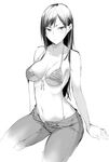  bikini bikini_top breasts denim front-tie_bikini front-tie_top greyscale highres hiiragi_yuuichi jeans long_hair looking_at_viewer medium_breasts monochrome navel open_fly original pants simple_background sitting sketch solo strap_gap striped striped_bikini swimsuit untied untied_bikini white_background 