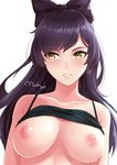  black_hair blake_belladonna blush bow bra bra_lift breasts hair_bow large_breasts long_hair looking_away lulu-chan92 nipples parted_lips rwby signature simple_background solo underwear white_background yellow_eyes 
