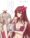  2girls bare_shoulders bikini blush breasts cleavage crab eyes_closed fate/grand_order fate_(series) flower grey_hair hair_ornament large_breasts long_hair marie_antoinette_(fate/grand_order) marie_antoinette_(swimsuit_caster)_(fate) midriff multiple_girls navel open_mouth purple_hair red_eyes scathach_(fate/grand_order) scathach_(swimsuit_assassin)_(fate) swimsuit 