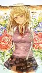  absurdres air_bubble akamatsu_kaede bangs beamed_eighth_notes beamed_sixteenth_notes blonde_hair blue_flower breasts brown_skirt bubble closed_mouth commentary_request cowboy_shot danganronpa eighth_note flower highres kim_eb light_smile long_hair looking_at_viewer medium_breasts musical_note musical_note_hair_ornament musical_note_print necktie new_danganronpa_v3 purple_eyes quarter_note red_flower red_neckwear school_uniform sheet_music sixteenth_note skirt smile solo staff_(music) submerged sweater_vest swept_bangs tears underwater whole_note 