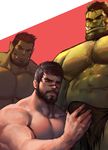  3boys bara beard body_hair bulge crotch erection facial_hair fangs green_skin grin groping interspecies male_focus multiple_boys muscle naughty_face ogre size_difference undressing yaoi 