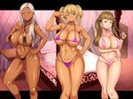  3girls blonde_hair blue_eyes breasts brown_eyes brown_hair cleavage clothing curvy dark-skinned_female dark_skin erect_nipples erect_nipples_under_clothes ganguro gyaru hot_mikan huge_breasts kogal large_breasts legs light-skinned_female lips lipstick long_hair looking_at_viewer makeup micro_bikini mole multiple_girls navel open_mouth smile spread_legs standing swimsuit tongue tongue_out white_hair wide_hips 
